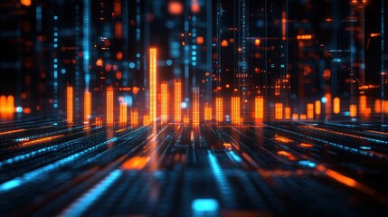 Fototapeta premium Abstract Digital Cityscape: Neon Lights and Data Streams