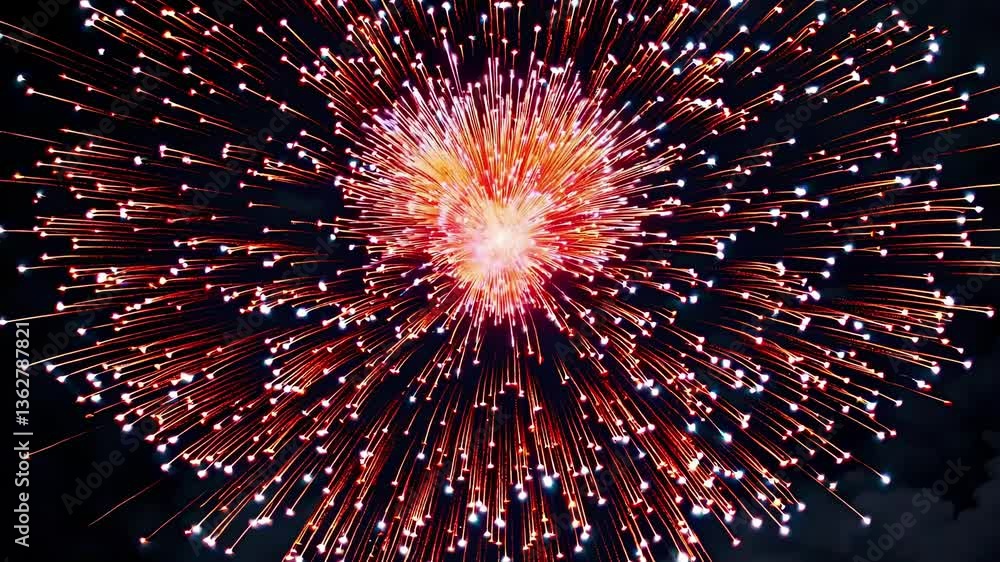 Poster aerial view of vibrant fireworks exploding against a dark sky, captured in a dynamic video style, sh