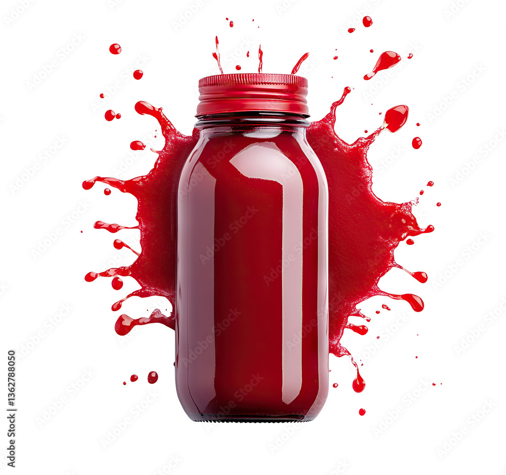 Poster red juice jar with dynamic splashes, isolated on transparent cutout background