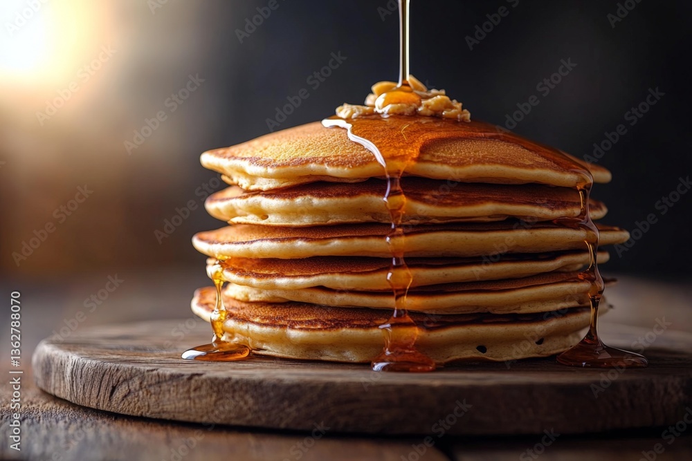 Poster stack of fluffy pancakes topped with syrup and nuts on a wooden board in warm morning light