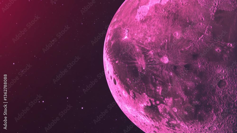 Poster Mystical magenta moon with cosmic texture and chaotic patterns in deep space