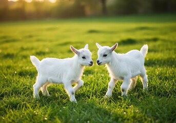 Obraz premium Two energetic baby goats with soft white fur engaging in playful antics in a sunlit green pasture, symbolizing happiness and rural charm.