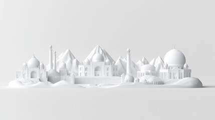 Stylized White Architectural Model of Iconic Asian Mosques and Mountains