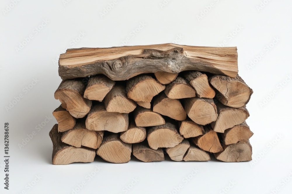 Poster Stacked firewood logs arranged neatly on a light background for organized storage and easy access