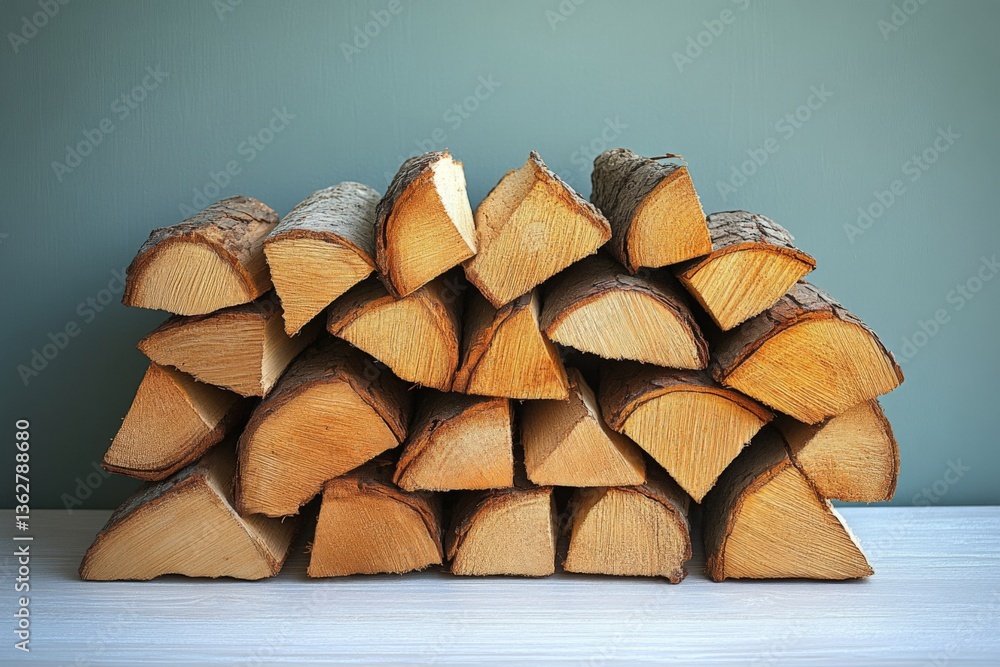 Poster Stack of neatly arranged firewood with natural texture against a simple background