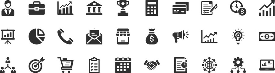Business and finance icon set. Vector glyph pictograms of briefcase, chart, money, banking, accounting, handshake, calendar, corporate, marketing, investment concept black silhouette illustration.