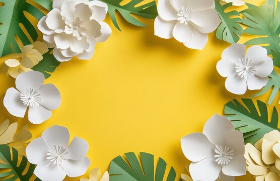 A vibrant yellow background serves as the base, adorned with a multitude of colorful flowers and a blank card that allows for customization