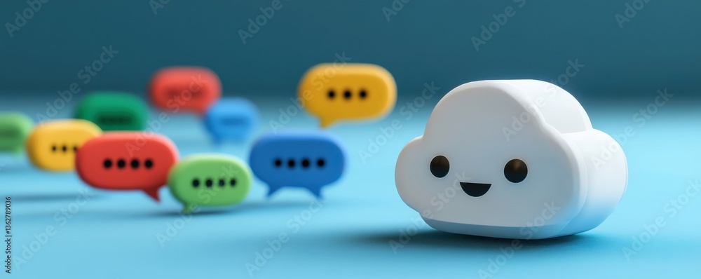 Poster a whimsical cloud-shaped figure with a smiling face sits in front of colorful speech bubbles, evokin