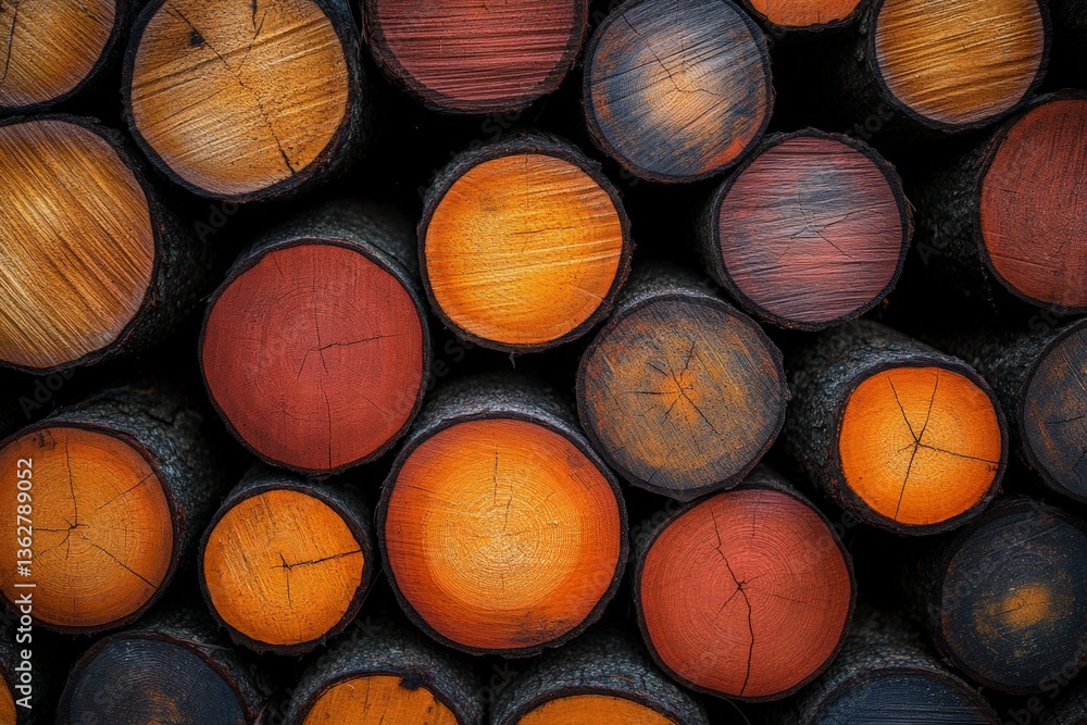 Poster Logs stacked together showcasing various shades of brown and orange hues in a rustic setting