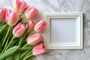 An empty frame and pink tulips rest on a marble surface, prepared for decorating