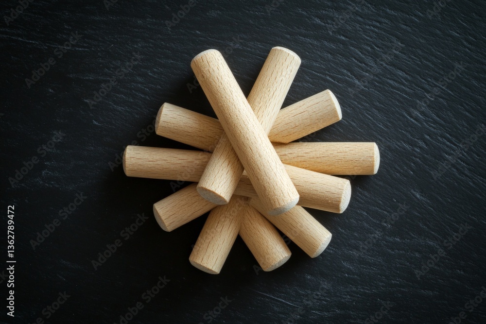 Poster wooden cylindrical pieces arranged in an artistic pattern on a dark surface showcasing design and te