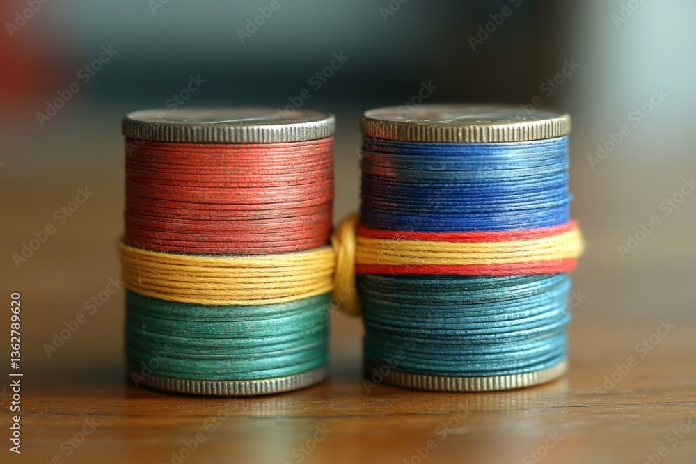 Poster colored spools of thread arranged neatly on a wooden table in a cozy crafting space during the after