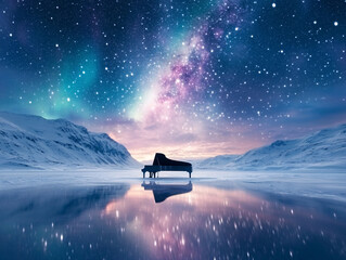 Obraz premium a grand piano placed in the middle of a serene, reflective body of water, with a background of snow-capped mountains and a soft, pastel sky. The piano is bathed in a dreamy, ethereal light