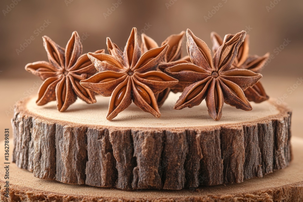 Poster star anise spices arranged on a wooden slice in a rustic kitchen setting