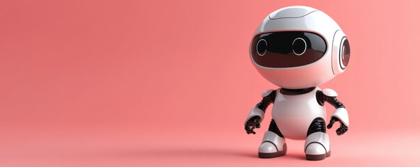 Fototapeta premium A cute, small robot character stands against a pink background, showcasing a futuristic design with rounded features and a friendly appearance.