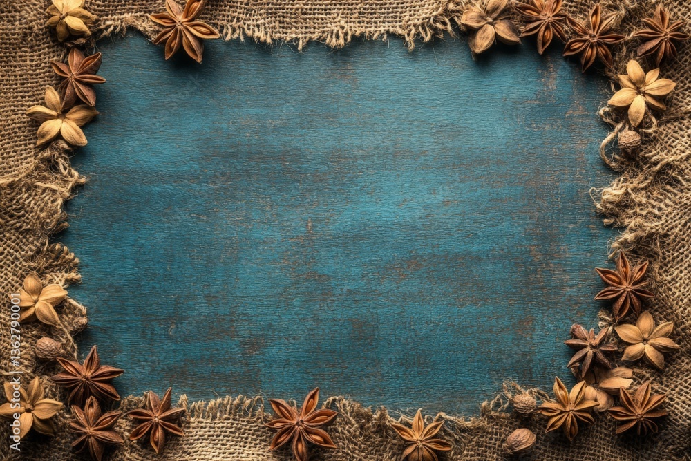 Poster natural spices arranged on a rustic blue wooden background with burlap accents and hints of an earth