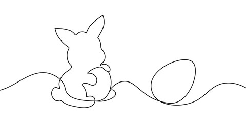 A simple one-line drawing of an Easter bunny sitting with an egg. Minimalist and artistic design, ideal for modern decor and Easter themes. Easter bunny one line icon. Vector illustration