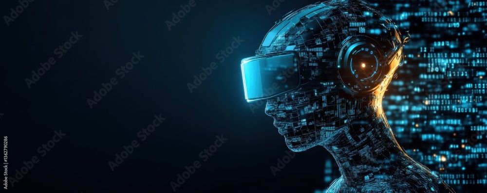 Poster a digital silhouette of a humanoid figure wearing virtual reality goggles, surrounded by glowing bin