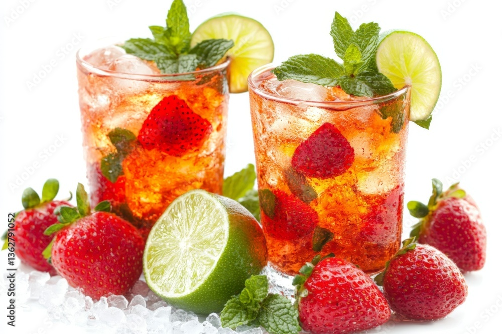 Poster Refreshing strawberry mint drinks served with lime on a bed of ice for a summer gathering in a bright setting