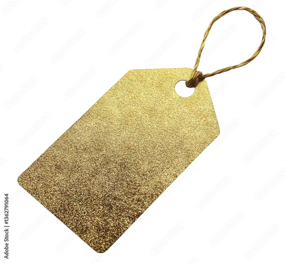 Poster golden gift tag with textured surface and twisted string, isolated on transparent cutout background
