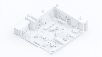 Modern Minimalist Apartment Isometric 3D Model Interior Design Layout White Furnishings