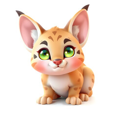 Caracal &ndash; 3D baby caracal, soft pointed ears, round chubby face, bright glowing eyes, pastel brown and pink tones, white background. Generative AI