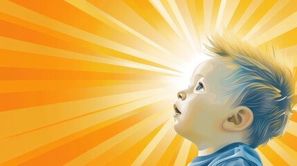 Child's upward gaze, a moment of wonder under the radiant sun 