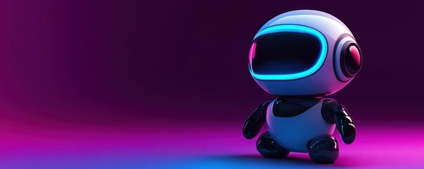 A futuristic robot character with glowing accents stands against a vibrant purple background, showcasing a blend of technology and design.