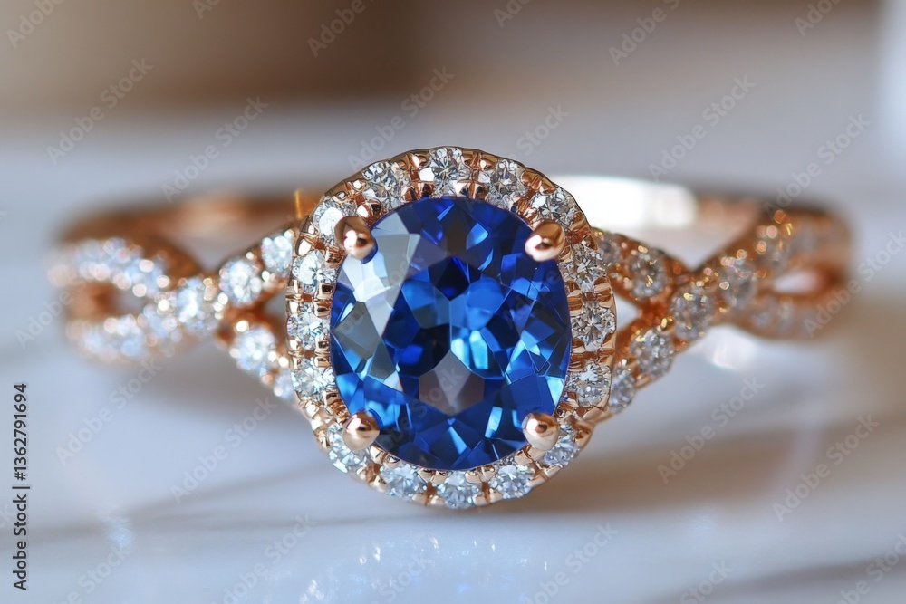 Poster exquisite blue gemstone ring with sparkling diamonds on a delicate rose gold band displayed on a smo