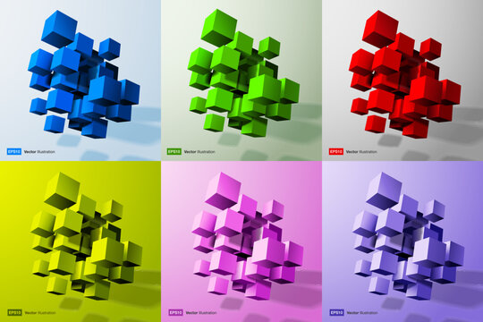 3D Colorful Bright Cubes Set. Vector Big Data Business Background. 3D Blockchain Cube Blocks. Data Core Abstract. AI Cyber Space