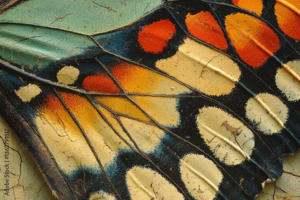 Fototapete Vibrant close-up of a butterfly wing displaying intricate patterns and colors in a natural setting