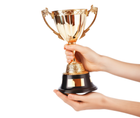 Hands holding golden trophy cup, isolated on transparent cutout background
