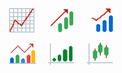 Set of pixel art growth charts. Line, bar, candlestick graphs with upward trends. Ideal for finance, analytics, business, investment, trading. Retro 8 bit red arrows highlight positive dynamics