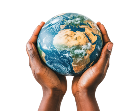 Planet Earth in human hands as a symbol of care, isolated on transparent cutout background - Powered by Adobe