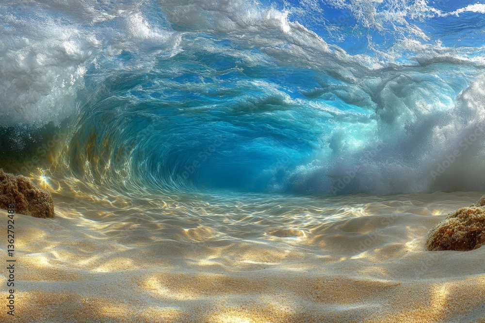 Poster waves crash into the shoreline, creating an underwater view in a tropical paradise during bright day