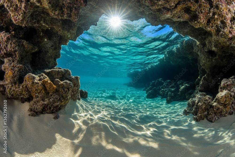 Poster underwater view of a rocky cave with sunlight filtering through crystal clear water in a tropical se
