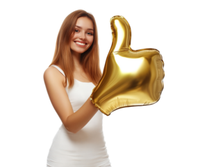 Smiling woman holding a giant golden thumbs-up balloon, isolated on transparent cutout background
