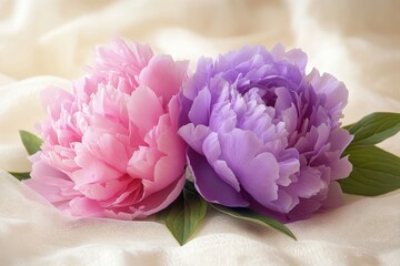 Obraz premium Pink and purple peonies arranged gracefully on soft fabric creating a serene floral display