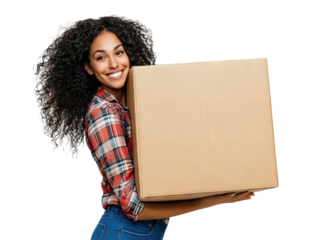 Smiling young woman holding large cardboard box, isolated on transparent cutout background