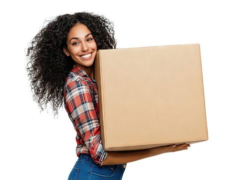 Smiling young woman holding large cardboard box, isolated on transparent cutout background