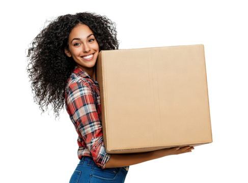 Smiling young woman holding large cardboard box, isolated on transparent cutout background