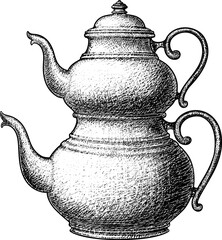 Oriental traditional teapot.Metal vessel made of forged metal in retro style.