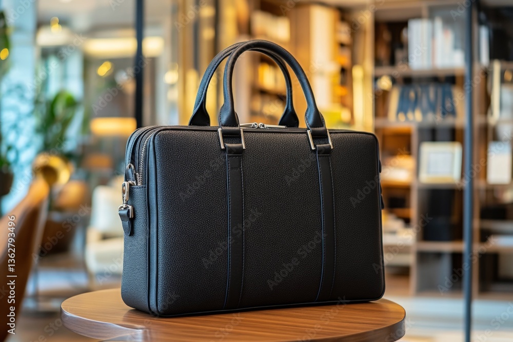 Poster elegant black briefcase displayed on a polished wooden table in a modern office setting during the a