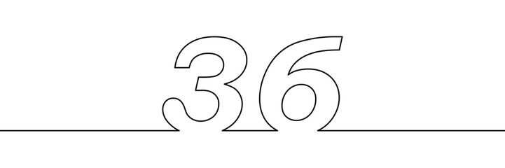 A single line drawing of a thirty six symbol. One line icon. Continuous line thirty sixth number icon. Simple black outline of the number 36. Vector illustration.