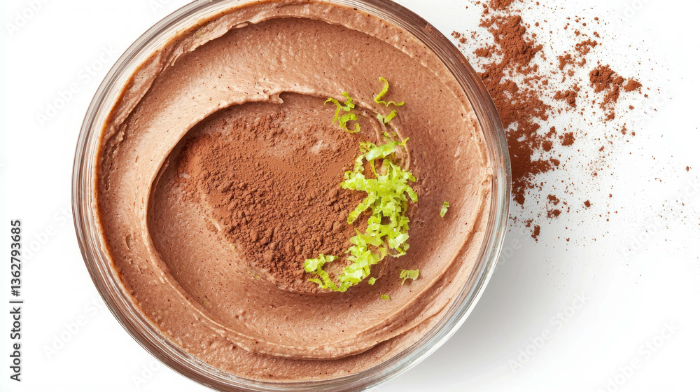 Poster decadent chocolate avocado mousse with cocoa and lime zest topping