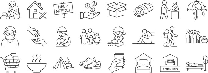 Homelessness, Social Aid line icon set. Vector pictograms of homeless child, urgent needs, support services, donation, social kitchen, shelter thin linear illustration.