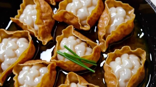 A beautifully arranged dish of golden-brown wonton-style wrappers filled with translucent, pearl-like tapioca balls, delicately floating in a flavorful broth and garnished with fresh green chives