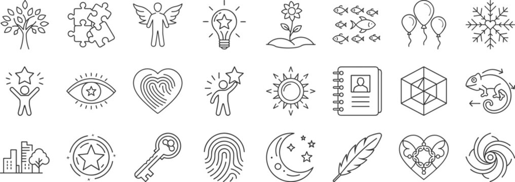 Unique, Individuality line icon set. Vector pictograms of personal identity, creativity, distinctiveness, highlighting diverse, self-expression, adaptation thin linear illustration.