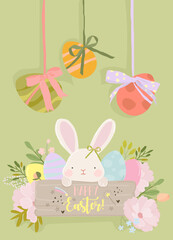 Happy Easter Greeting Card with Cute White Bunny and Easter Eggs