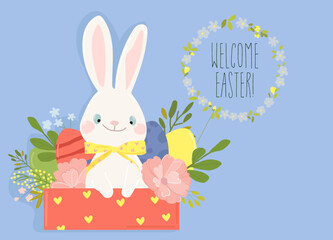 Happy Easter Greeting Card with Cute White Bunny and Easter Eggs